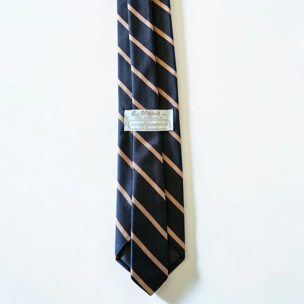 Ed Mitchell Hand Sewn Silk Tie Black Gold Red Stripe English Twill